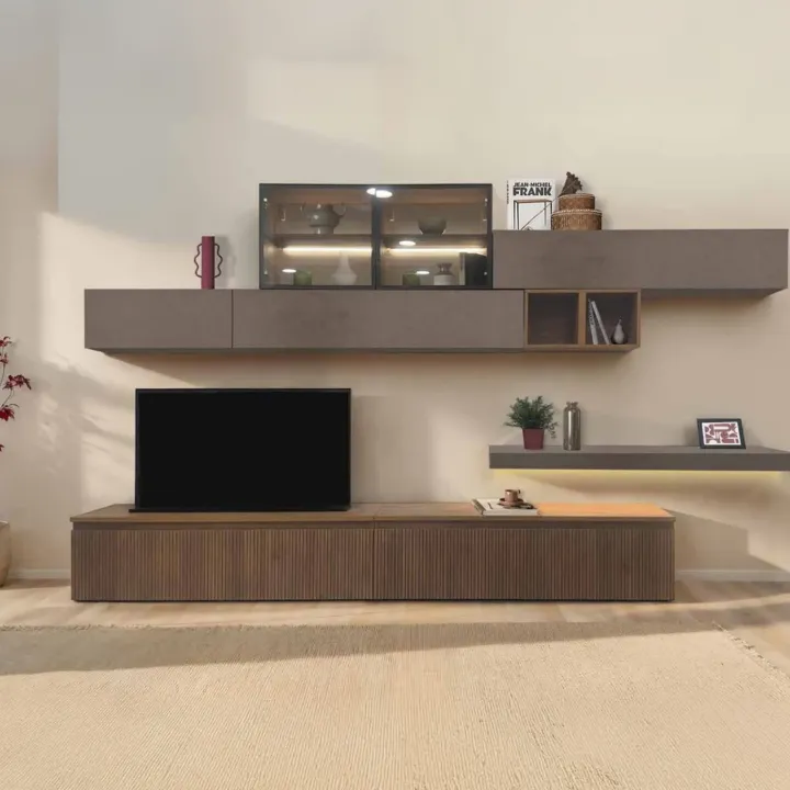 Parete attrezzata 345x209h cm cannettata marrone bronzo rovere scuro Sunset Decor 1028