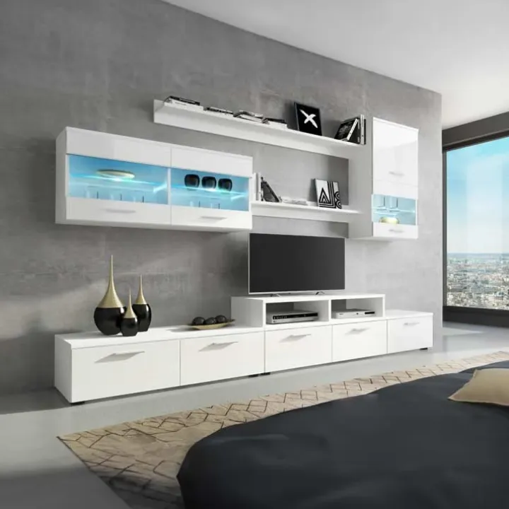 Parete attrezzata 250x210h cm componibile bianco lucido Santorini Gihome®