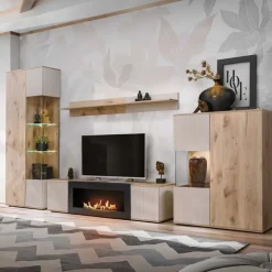 Parete attrezzata 320x198h cm con biocamino rovere beige cashmere Cadiz