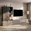 Parete attrezzata 270x158h cm con biocamino grigio nero effetto marmo Clio