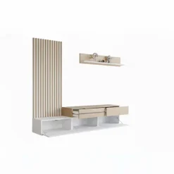 Parete attrezzata 225x209h cm con pannello cannettato bianco opaco rovere Orizon