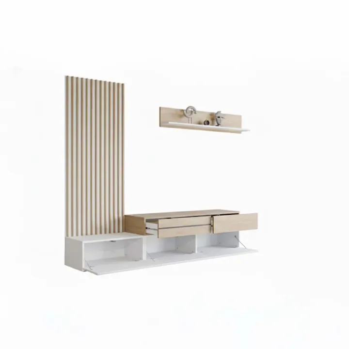 Parete attrezzata 225x209h cm con pannello cannettato bianco opaco rovere Orizon