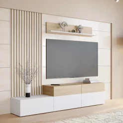Parete attrezzata 225x209h cm con pannello cannettato bianco opaco rovere Orizon