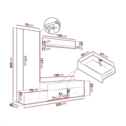 Parete attrezzata 225x209h cm con pannello cannettato bianco opaco rovere Orizon