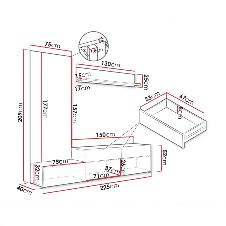 Parete attrezzata 225x209h cm con pannello cannettato bianco opaco rovere Orizon