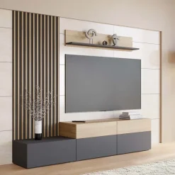 Parete attrezzata 225x209h cm con pannello cannettato grafite rovere Orizon