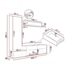 Parete attrezzata 225x209h cm con pannello cannettato grafite rovere Orizon