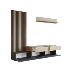Parete attrezzata 225x209h cm con pannello cannettato grafite rovere Orizon