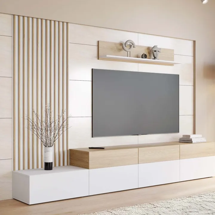 Parete attrezzata 300x209h cm con pannello cannettato bianco opaco rovere Orizon