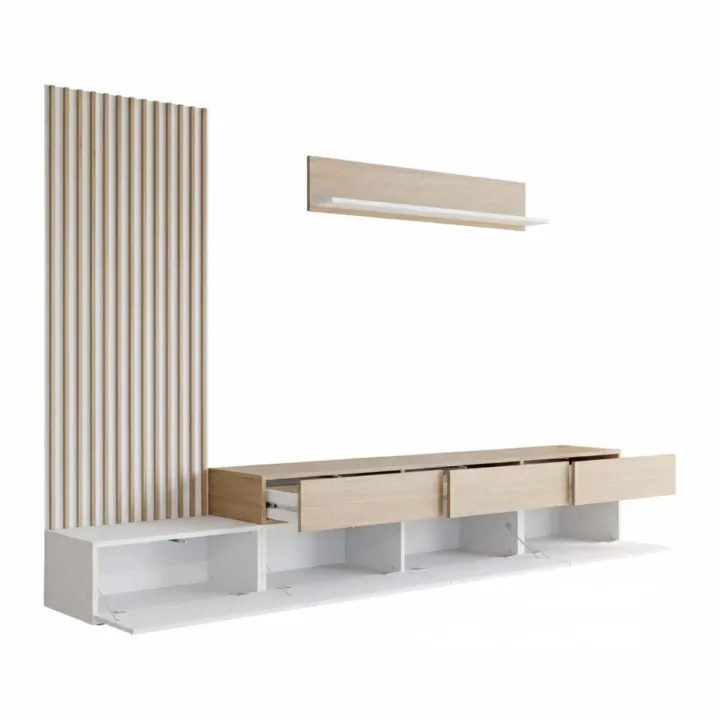 Parete attrezzata 300x209h cm con pannello cannettato bianco opaco rovere Orizon
