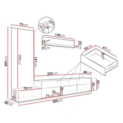 Parete attrezzata 300x209h cm con pannello cannettato bianco opaco rovere Orizon