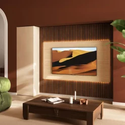 Parete attrezzata 261x186h cm con pannello cannettato effetto travertino beige rovere scuro Sunset Decor 1049