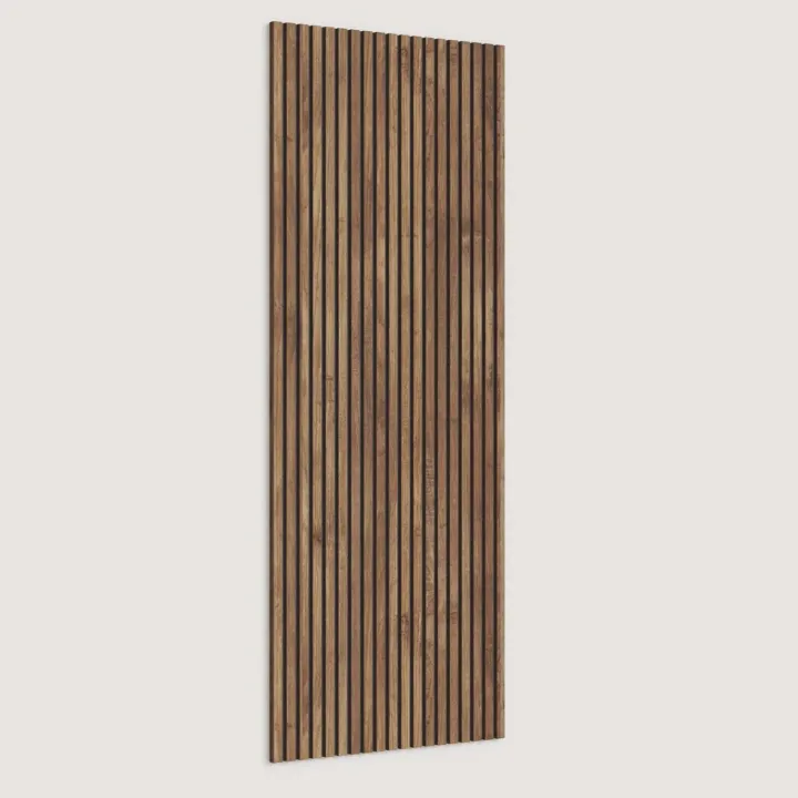 Parete attrezzata 261x186h cm con pannello cannettato effetto travertino beige rovere scuro Sunset Decor 1049