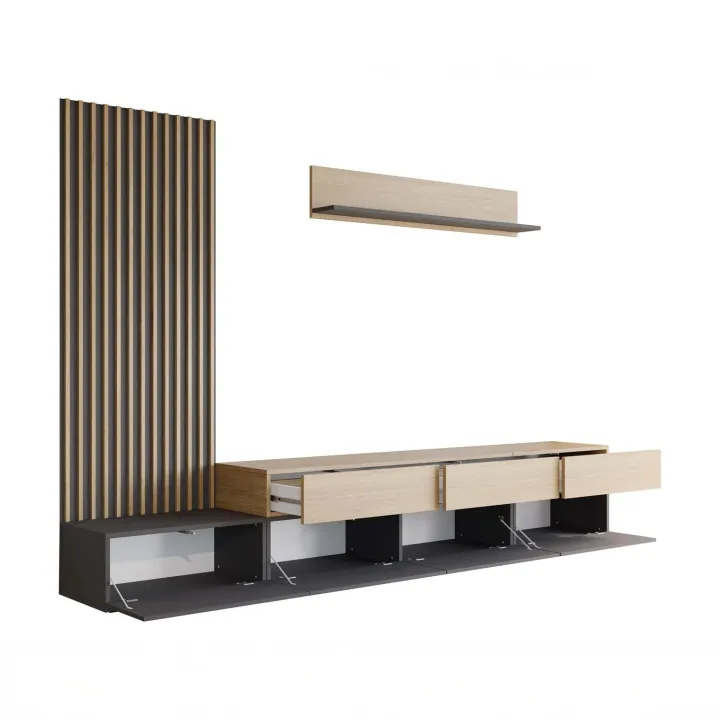 Parete attrezzata 300x209h cm con pannello cannettato grafite rovere Orizon