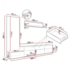 Parete attrezzata 300x209h cm con pannello cannettato grafite rovere Orizon