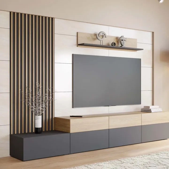 Parete attrezzata 300x209h cm con pannello cannettato grafite rovere Orizon
