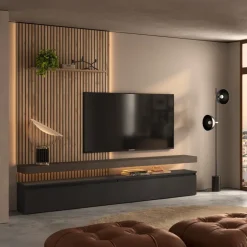 Parete attrezzata 276x265h cm con pannello cannettato ossido marrone rovere chiaro Sunset Decor 1036