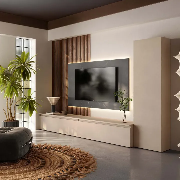 Parete attrezzata 330x220h cm con pannello cannettato beige rovere scuro nero effetto marmo Sunset Decor 1043