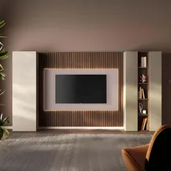 Parete attrezzata 345x186h cm con pannello cannettato tortora beige rovere scuro Sunset Decor 1044
