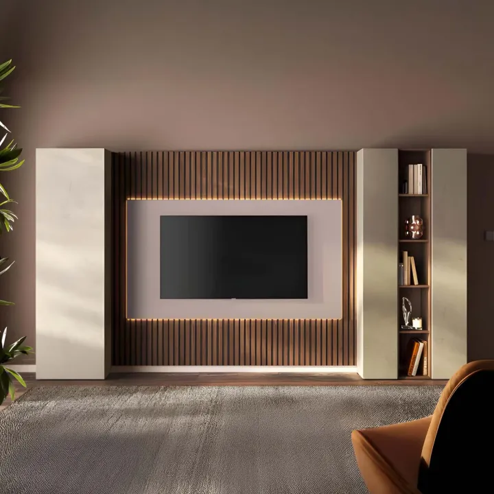Parete attrezzata 345x186h cm con pannello cannettato tortora beige rovere scuro Sunset Decor 1044