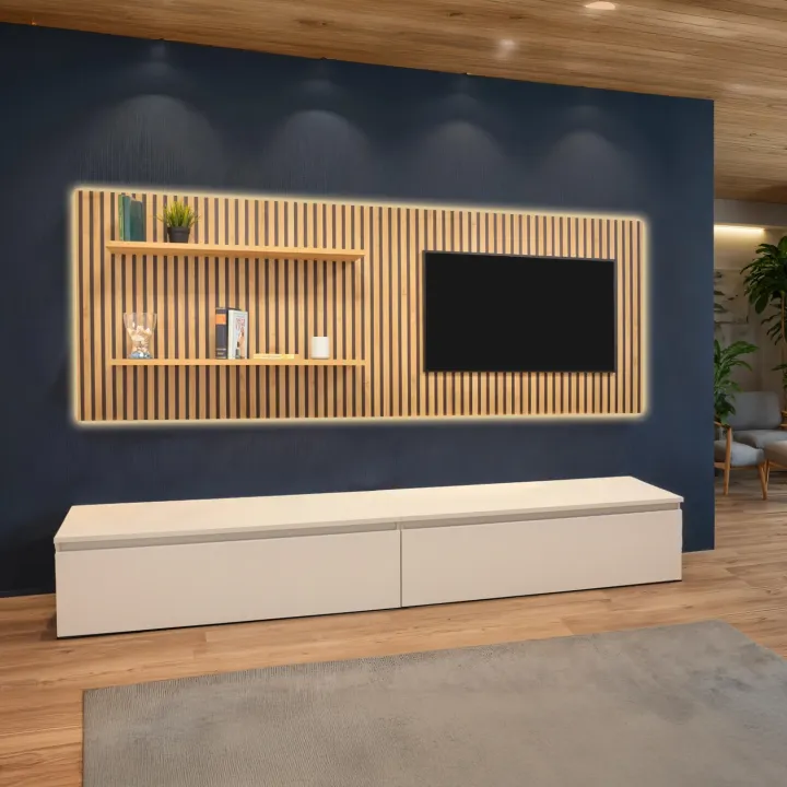 Parete attrezzata 276x180h cm con pannello cannettato beige cashmere rovere chiaro Sunset Decor 1031
