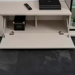 Parete attrezzata 220x175h cm con vetrina beige cashmere e bianco effetto marmo Paula