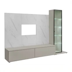 Parete attrezzata 220x175h cm con vetrina beige cashmere e bianco effetto marmo Paula