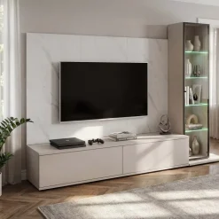Parete attrezzata 220x175h cm con vetrina beige cashmere e bianco effetto marmo Paula