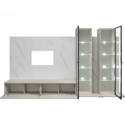 Parete attrezzata 280x175h cm con 2 vetrine beige cashmere e bianco effetto marmo Paula