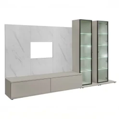 Parete attrezzata 280x175h cm con 2 vetrine beige cashmere e bianco effetto marmo Paula
