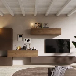 Parete attrezzata 340x185h cm design moderno marrone bronzo rovere scuro Sunset 14