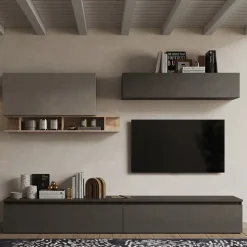 Parete attrezzata 276x190h cm design tortora rovere ossido nero Sunset 27