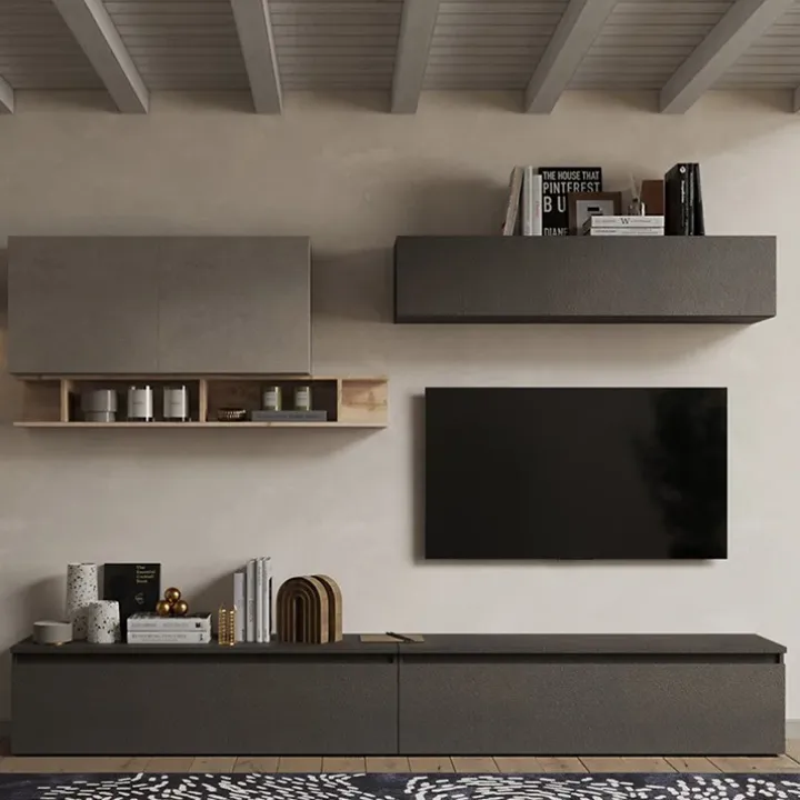 Parete attrezzata 276x190h cm design tortora rovere ossido nero Sunset 27