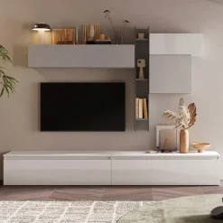 Parete attrezzata 276x200h cm design moderno grigio bianco lucido Sunset 29