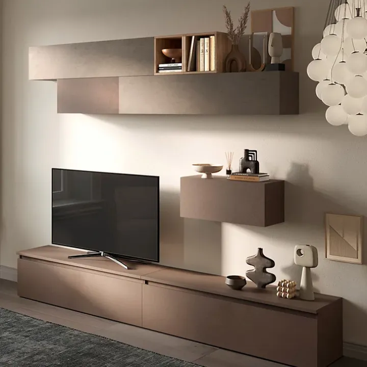 Parete attrezzata 276x190h cm design moderno tortora marrone rovere Sunset 42