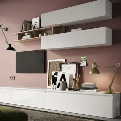 Parete attrezzata 276x190h cm design moderno bianco ludico rovere chiaro Sunset 21