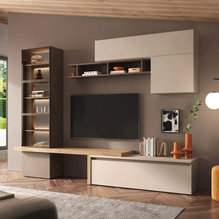 Parete attrezzata 285x195h cm marrone beige rovere chiaro Sunset 1030