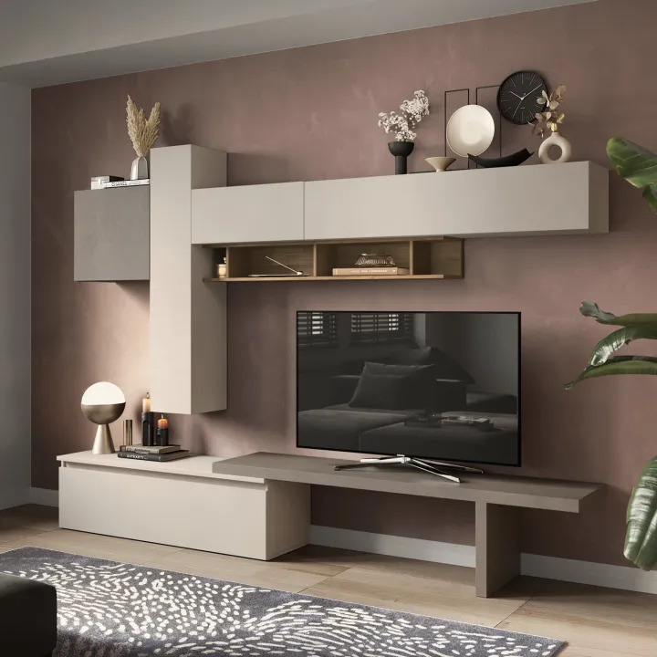 Parete attrezzata 290x210h cm moderna beige marrone rovere scuro Sunset 81