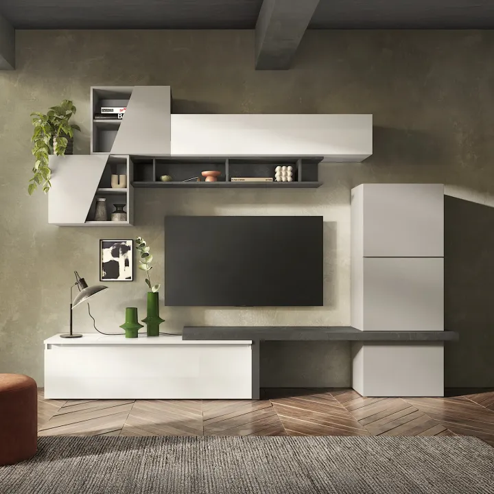Parete attrezzata 280x202h cm moderna bianco grigio antracite Sunset 82