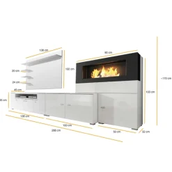 Parete attrezzata 288x170h cm moderna reversibile con biocamino bianca Fire Gihome®