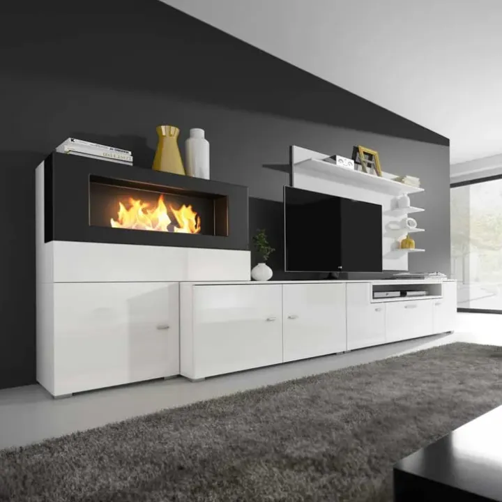Parete attrezzata 288x170h cm moderna reversibile con biocamino bianca Fire Gihome®