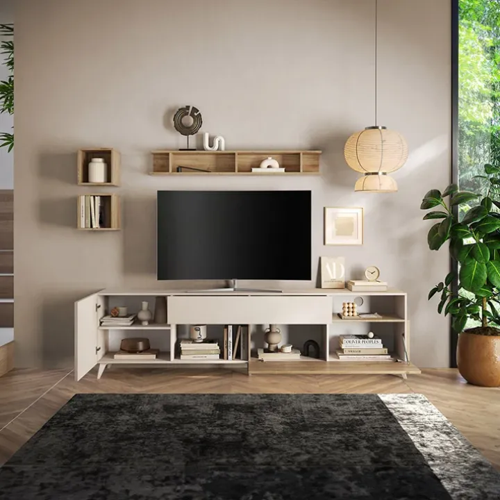 Parete attrezzata 241x176h cm moderna beige rovere chiaro Witty