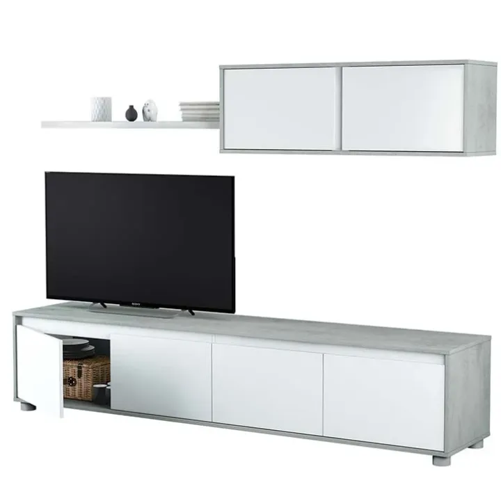Parete attrezzata 200x145h cm moderna soggiorno bianco cemento Itaca