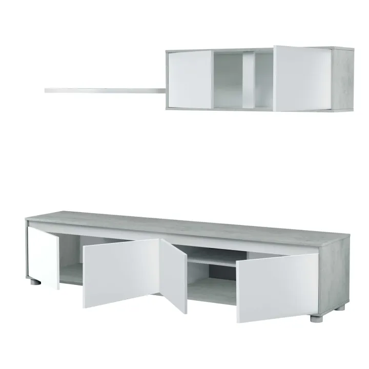 Parete attrezzata 200x145h cm moderna soggiorno bianco cemento Itaca