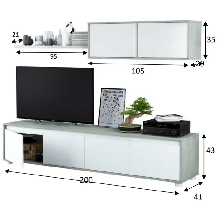Parete attrezzata 200x145h cm moderna soggiorno bianco cemento Itaca