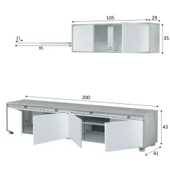 Parete attrezzata 200x145h cm moderna soggiorno bianco cemento Itaca