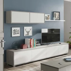 Parete attrezzata 200x145h cm moderna soggiorno bianco cemento Itaca