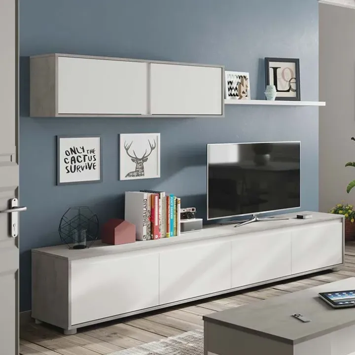 Parete attrezzata 200x145h cm moderna soggiorno bianco cemento Itaca