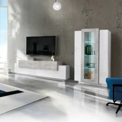 Parete attrezzata 290x121h cm moderna bianco lucido cemento Milos Gihome®