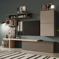 Parete attrezzata 260x190h cm moderna tortora marrone rovere chiaro Sunset 2